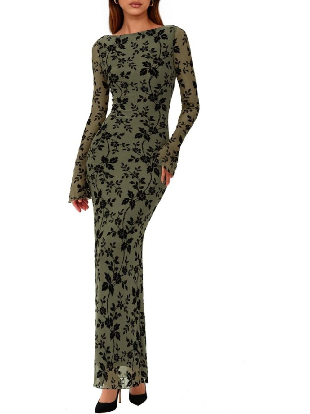 Women's Army Green Slim Fitted Boat Neck Long Sleeves Floral Bodycon Maxi Dress